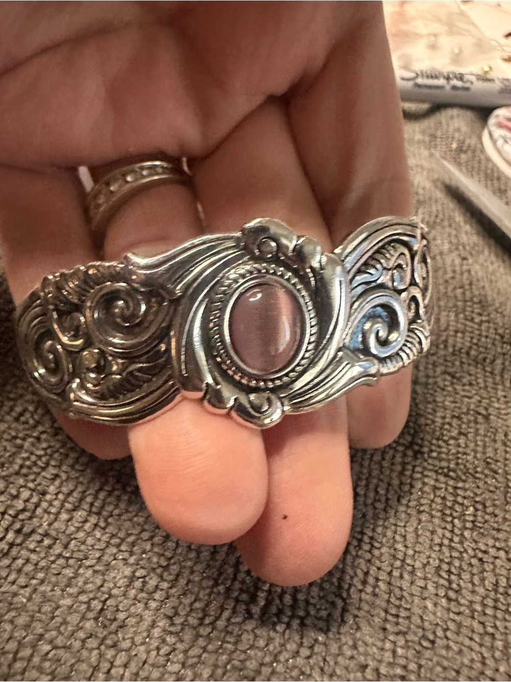 Handcrafted Silver-Tone Cuff Bracelet with Purple Cabochon